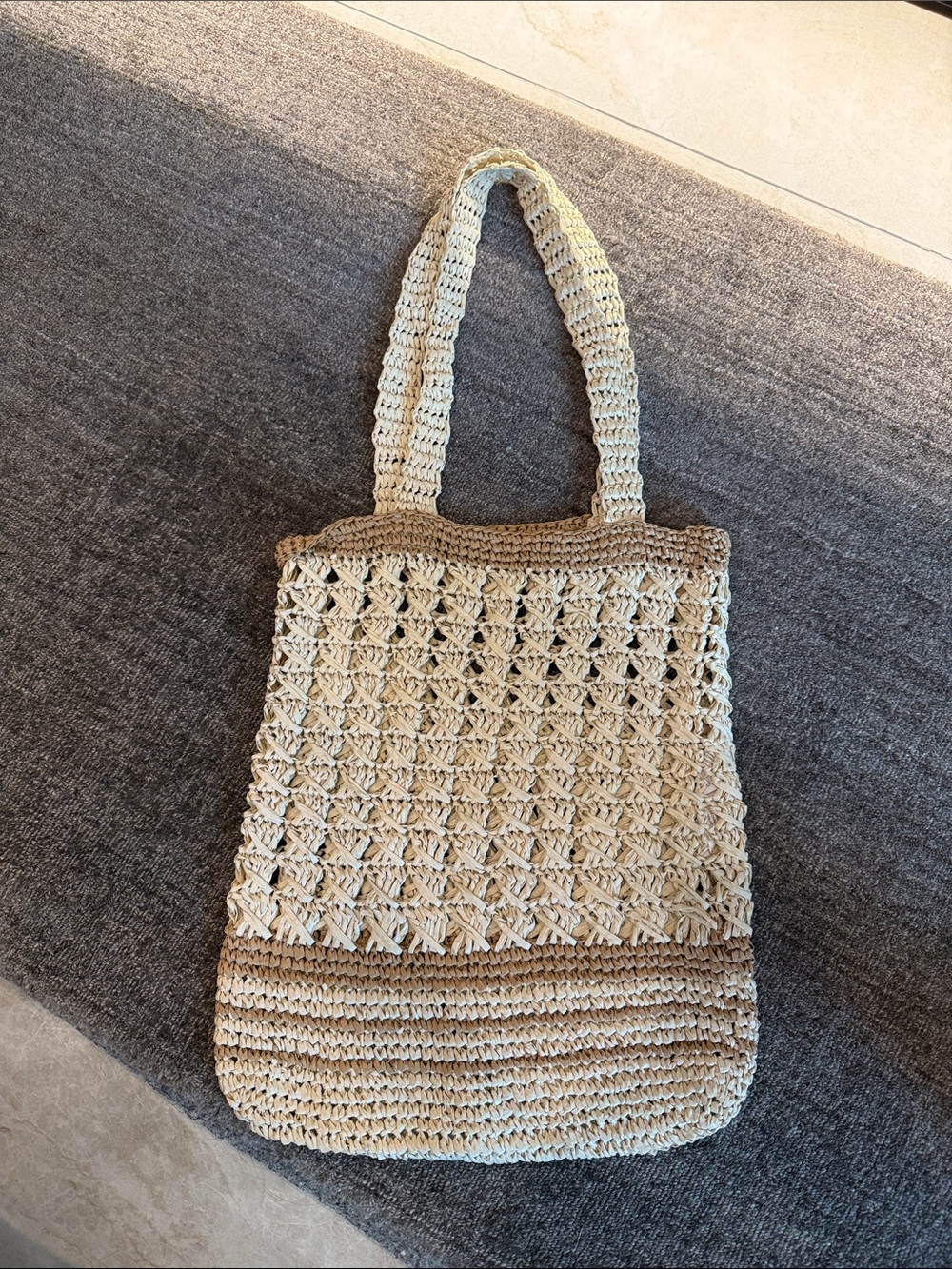 Zara Cream and Tan Woven Crochet Tote Bag